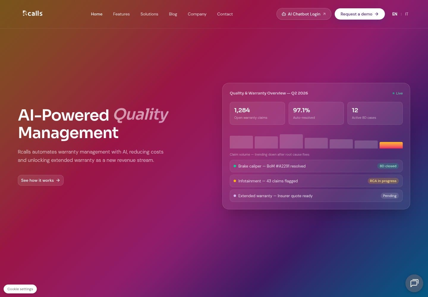 Rcalls website presenting AI-powered warranty management